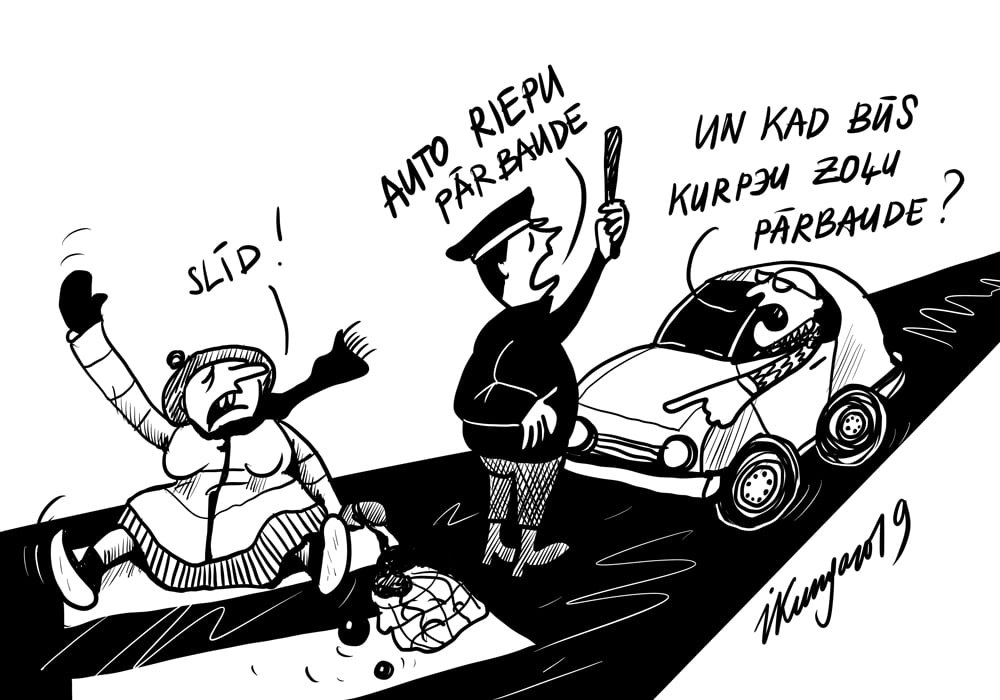 Karikatura_04-12-2019 / Policija pārbauda automašīnu riepas, ja neatbilst, nevarēs brauk tālāk.