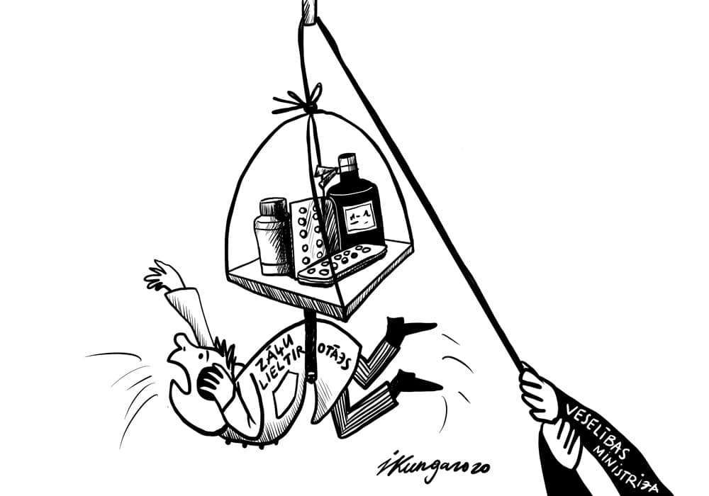 Karikatura_20-01-2020 - Veselības ministrija grib pievilkt jostas zāļu lieltigotājiem, lai nebūtu tik liela zāļu uzcenojuma.