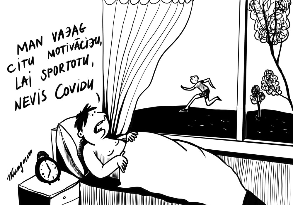 Karikatura_09-09-2020 - COVID laikā aktīvi sportisti kļuvuši vēl aktīvāki, bet sliņķi, kā nevingroja — tā nevingro.