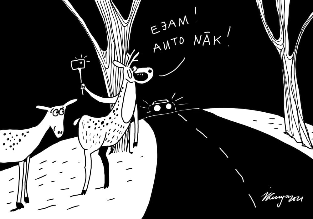 Karikatura_04-10-2021 - Autovadītāji zina, ka meža zvēru populācija rudenī sasniedz maksimumu.
